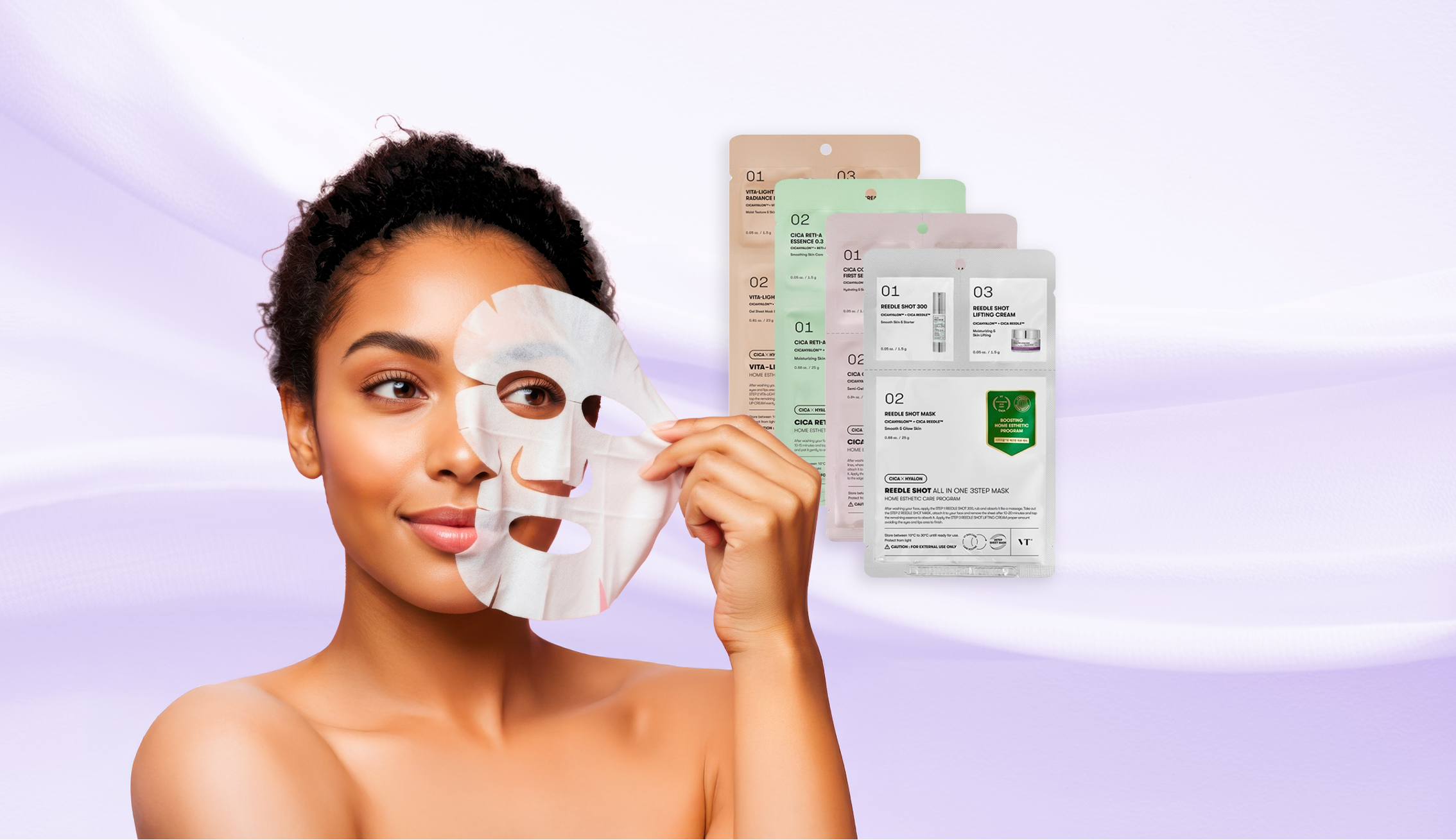 Flat lay of the Mask Magic 4-pack skincare set featuring four 3-step sheet masks for firming, brightening, calming, and smoothing.